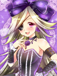 Rule 34 | 1girl, armpits, bare shoulders, black bow, blonde hair, blush, bow, choker, earrings, eyepatch, flower, flower earrings, gradient background, hair bow, jewelry, long hair, luxuria (otoca d&#039;or), luxuria (otoca doll), nail polish, otoca d&#039;or, purple background, purple bow, purple flower, purple nails, purple rose, red eyes, rose, smile, solo, striped, striped background, wrist cuffs, yomogi (becr)