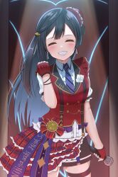 Rule 34 | 1girl, absurdres, black hair, blush, chase! (love live!), closed eyes, commentary, earrings, fingerless gloves, gloves, grin, hair ornament, hat, highres, holding, holding microphone, jewelry, long hair, love live!, love live! nijigasaki high school idol club, microphone, one side up, panaham, red gloves, sidelocks, smile, solo, upper body, yuki setsuna (love live!)