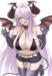 Rule 34 | 1girl, 27h kikyo, absurdres, bare shoulders, belt, bikini, black gloves, black shorts, blue eyes, blush, breasts, claw pose, cleavage, demon tail, demon wings, draph, elbow gloves, fangs, fingerless gloves, garter straps, gloves, granblue fantasy, hair over one eye, halloween costume, head wings, highres, horns, large breasts, long hair, looking at viewer, micro bikini, narmaya (granblue fantasy), navel, open mouth, pointy ears, purple hair, shorts, single fingerless glove, smile, solo, swimsuit, tail, thighhighs, very long hair, white background, white belt, wings