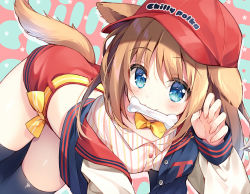 Rule 34 | 1girl, animal ears, baseball cap, belt, black jacket, black thighhighs, blue eyes, blush, bow, bowtie, brown hair, cartoon bone, claw pose, closed mouth, collared shirt, commentary request, dog ears, dog girl, dog tail, dress shirt, hair between eyes, hand up, hat, jacket, letterman jacket, long hair, long sleeves, looking at viewer, mouth hold, open clothes, open jacket, original, red hat, red skirt, shirt, skirt, smile, solo, striped clothes, striped shirt, suimya, tail, thighhighs, vertical-striped clothes, vertical-striped shirt, white shirt, yellow belt, yellow bow, yellow bowtie