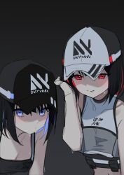 Rule 34 | 2girls, absurdres, bare arms, bare shoulders, baseball cap, black background, black camisole, black hair, black headwear, blue eyes, blue hair, blush, camisole, commentary request, crop top, gradient background, grey background, grey headwear, hair between eyes, hand up, hat, highres, korean commentary, licking lips, multicolored hair, multiple girls, navel, original, red eyes, red hair, short hair, sweat, syhan, tongue, tongue out, two-tone hair