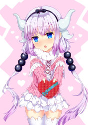 Rule 34 | 10s, 1girl, :o, beads, black bow, black hairband, blue eyes, blush, bow, box, capelet, cowboy shot, dragon girl, dragon horns, dress, gift, hair beads, hair bow, hair ornament, hairband, heart-shaped box, holding, holding gift, horns, incoming gift, kanna kamui, kobayashi-san chi no maidragon, long hair, long sleeves, looking at viewer, open mouth, outstretched arms, silver hair, simple background, solo, thigh gap, thighhighs, thighs, twintails, valentine, white thighhighs, xephonia, zettai ryouiki