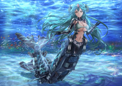 Rule 34 | 1girl, abs, aqua hair, armpit cutout, bikini, bikini top only, breasts, bubble, cleavage, clothing cutout, commentary, elbow gloves, english commentary, fins, fish, fish tail, full body, gloves, hair flaps, hair ornament, headpiece, kein hasegawa, large breasts, light rays, long hair, looking at viewer, machinery, mecha musume, mechanical parts, mechanical tail, mermaid, monster girl, navel, seafloor, orange eyes, original, parted bangs, school of fish, science fiction, shadow, shoulder pads, sidelocks, smile, stomach cutout, sunbeam, sunlight, swimsuit, tagme, tail, underboob, underwater