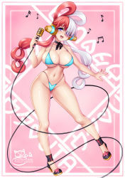 Rule 34 | 1girl, bare shoulders, bikini, black footwear, blue bikini, border, breasts, curvy, full body, hair over one eye, headphones, high heels, highleg, highleg bikini, highres, large breasts, long hair, looking at viewer, microphone, multicolored hair, musical note, navel, one piece, one piece film: red, open mouth, pink background, purple eyes, red hair, sevie, shiny skin, smile, solo, standing, swimsuit, teeth, twintails, two-tone hair, upper teeth only, uta (one piece), white border, white hair