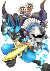 Rule 34 | armor, brown gloves, brown hair, cape, creatures (company), galaxia (sword), game freak, gen 4 pokemon, gloves, glowing, glowing eye, highres, holding, holding sword, holding weapon, ice climber, kicdon, kirby (series), lucario, mask, meta knight, nana (ice climber), nintendo, open mouth, pauldrons, pokemon, pokemon (creature), popo (ice climber), red eyes, shoulder armor, solid oval eyes, super smash bros., sweat, sword, weapon, yellow eyes