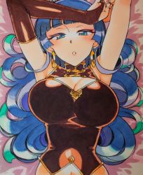 Rule 34 | 1girl, blue eyes, blue hair, breasts, bridal gauntlets, chinese clothes, cleavage cutout, clothing cutout, earrings, gloves, hoop earrings, jewelry, kagaminomachi no kaguya, kaguya (kagaminomachi no kaguya), kusanagi tonbo, large breasts, long hair, nail polish, navel, single glove, solo, traditional media