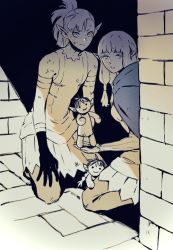 Rule 34 | 1boy, 1girl, absurdres, animate object, bandaged arm, bandages, boots, breasts, brick wall, bruise, bruise on face, burakku mutou, cloak, doll, dungeon meshi, elf, gloves, gorget, hair tubes, helki (dungeon meshi), hiding, highres, injury, kneehighs, long hair, long sleeves, looking at viewer, low-tied long hair, milsiril (dungeon meshi), monochrome, notched ear, pointy ears, ponytail, robe, scratches, sidelocks, sleeveless, socks, thigh boots