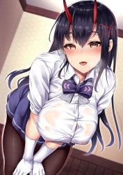 Rule 34 | 1girl, 3104 (3104milkshake), azur lane, black hair, black pantyhose, blue skirt, blush, bow, bowtie, breasts, collared shirt, gloves, hair between eyes, hair ornament, hands on own thighs, highres, horns, indoors, large breasts, leaning forward, long hair, looking at viewer, oni horns, open mouth, pantyhose, pleated skirt, purple bow, purple bowtie, ribbon, school uniform, see-through, shirt, sidelocks, skirt, smile, solo, suzuya (azur lane), sweat, taut clothes, taut shirt, tongue, wet, wet clothes, white gloves, white shirt, yellow eyes