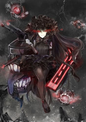 Rule 34 | 10s, 1girl, absurdres, abyssal ship, black dress, black footwear, black hair, bodystocking, bonnet, bow, bowtie, colored skin, dark sky, dress, escort fortress (kancolle), glowing, glowing eyes, gothic lolita, hairband, highres, horns, isolated island oni, kantai collection, lightning, lolita fashion, lolita hairband, looking at viewer, machinery, mary janes, mxn, pale skin, red eyes, shoes, smile, solo, white skin