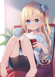 Rule 34 | 1girl, bare shoulders, barefoot, black shorts, blonde hair, blue eyes, blush, collarbone, commentary, hair between eyes, highres, holding, knees up, long hair, looking at viewer, meito (maze), nintendo switch, off shoulder, one side up, original, parted lips, pillow, shirt, short shorts, short sleeves, shorts, solo, very long hair, white shirt