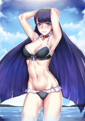 Rule 34 | 1girl, armpits, arms up, bikini, blue eyes, breasts, collar, cross, deras, fate/grand order, fate (series), groin, large breasts, long hair, navel, no headwear, no headwear, purple hair, martha (fate), martha (swimsuit ruler) (fate), solo, swimsuit, thighs, very long hair