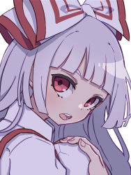 Rule 34 | 1girl, absurdres, bow, fujiwara no mokou, hair bow, highres, kame (kamepan44231), long hair, long sleeves, looking at viewer, one-hour drawing challenge, open mouth, red eyes, shirt, simple background, solo, suspenders, touhou, white background, white bow, white hair, white shirt