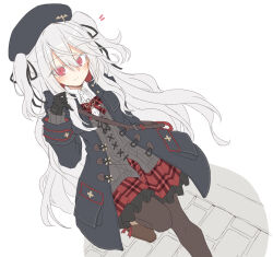 Rule 34 | 1girl, black pantyhose, checkered clothes, checkered skirt, grey hair, long hair, looking at viewer, original, pantyhose, red eyes, red skirt, satou kibi, simple background, skirt, solo, twintails, white background