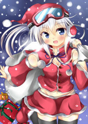 Rule 34 | 1girl, black thighhighs, blue eyes, blush, breasts, capelet, cleavage, detached sleeves, earmuffs, female focus, gift, goggles, goggles on head, groin, hat, heavy breathing, kuzumomo, long hair, mittens, mononobe no futo, navel, open mouth, ponytail, sack, santa costume, santa hat, silver hair, skirt, smile, snowflakes, snowing, solo, thighhighs, touhou
