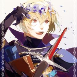Rule 34 | 1boy, 2016, alpha 00000, blonde hair, book, character name, dated, fire emblem, fire emblem fates, flower, gift, gloves, grey background, happy birthday, head wreath, leo (fire emblem), male focus, nintendo, open mouth, portrait, red eyes, simple background, solo, sword, teeth, weapon