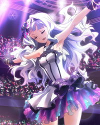 Rule 34 | 10s, 1girl, artist request, audience, bracelet, dress, earrings, closed eyes, gloves, hair ribbon, heart, idol, idolmaster, idolmaster (classic), idolmaster million live!, jewelry, long hair, musical note, official art, ribbon, shijou takane, silver hair, skirt, stage, wavy hair