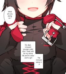 Rule 34 | 2girls, ?, black dress, black hair, blush, breasts, cape, collar, corset, dress, english text, female pov, fingerless gloves, gloves, head out of frame, incest, looking at viewer, multiple girls, ndgd, open mouth, pov, red cape, ruby rose, rwby, short hair, siblings, simple background, sisters, small breasts, smile, solo focus, text focus, undressing, upper body, white background, yang xiao long, yuri