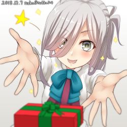 Rule 34 | + +, 1girl, artist name, asashimo (kancolle), blurry, bow, bowtie, box, dated, depth of field, foreshortening, gift, gift box, grey eyes, grey hair, hair over one eye, highres, kantai collection, long hair, long sleeves, looking at viewer, nuka (nvkka), one-hour drawing challenge, open mouth, outstretched arms, ponytail, reaching, reaching towards viewer, school uniform, shirt, smile, solo, sparkle, sparkling eyes, star (symbol), white shirt