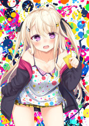 Rule 34 | 1girl, bad id, bad pixiv id, bare shoulders, black jacket, blonde hair, blush, breasts, camisole, cellphone, cleavage, collarbone, commentary request, cowboy shot, hair between eyes, hair ornament, hairclip, holding, holding phone, jacket, leaning forward, long hair, long sleeves, looking at viewer, medium breasts, multicolored polka dots, off shoulder, one side up, open mouth, original, phone, plaid, plaid skirt, pleated skirt, polka dot, polka dot camisole, purple eyes, sasahara wakaba, skirt, sleeves past wrists, solo, teeth, upper teeth only, very long hair, white camisole, yellow skirt