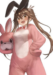 Rule 34 | 1girl, animal costume, animal ears, blush, brown eyes, brown hair, cowboy shot, fake animal ears, hair between eyes, kantai collection, long hair, open mouth, rabbit costume, rabbit ears, simple background, smile, solo, toka (marchlizard), tone (kancolle), twintails, white background