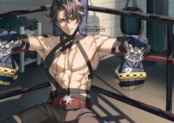 Rule 34 | 1boy, bishounen, black hair, boxing ring, cowboy shot, genshin impact, highres, male focus, ngkhyn, scar, shorts, sitting, solo, sticker, toned, toned male, topless male, wriothesley (genshin impact)