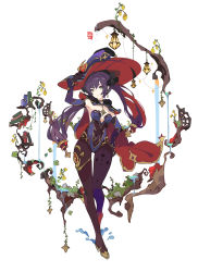 Rule 34 | 1girl, black gloves, breasts, brown pantyhose, cape, cleavage, earrings, full body, genshin impact, gloves, green eyes, hand on own hip, hat, highres, ideolo, jewelry, lamp, long hair, medium breasts, mona (genshin impact), pantyhose, purple hair, purple hat, simple background, solo, twintails, white background, witch hat