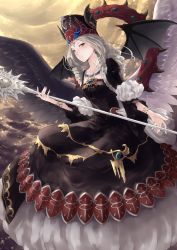 Rule 34 | 1girl, asymmetrical wings, bad id, bad pixiv id, bat wings, black dress, bracer, chaos goddess, crown, dress, drill hair, duel monster, highres, jewelry, long hair, necklace, red eyes, rr (rr2), silver hair, sitting, skull, skull necklace, solo, staff, twin drills, wings, yu-gi-oh!