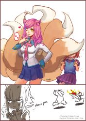 Rule 34 | 2girls, 2koma, academy ahri, ahri (league of legends), anger vein, angry, animal ears, annie (league of legends), backpack, bag, bear, blush, burning, comic, contrapposto, covering face, cowboy shot, english text, fake animal ears, finger to mouth, fleeing, fox ears, fox tail, hair ornament, hairclip, hand on own hip, heart, heart hair ornament, league of legends, lips, long hair, miniskirt, multiple girls, multiple tails, nail polish, necktie, one eye closed, pink hair, pleated skirt, randoseru, red hair, school uniform, scowl, serafuku, short hair, skirt, songjikyo, standing, stick figure, surprised, surprised arms, sweater vest, swept bangs, tail, tibbers, triangle mouth, watermark, web address, wing collar, yellow eyes