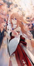 Rule 34 | 1girl, absurdres, animal ears, bare shoulders, breasts, cherry blossoms, closed mouth, detached sleeves, earrings, fox ears, genshin impact, hair between eyes, highres, holding, holding wand, japanese clothes, jewelry, long hair, looking to the side, low-tied long hair, miko, outdoors, pink hair, priestess, purple eyes, sideboob, smile, solo, swkl:d, thighs, tree, vision (genshin impact), wand, wide sleeves, yae miko