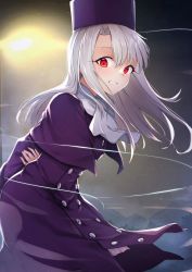 Rule 34 | 1girl, breasts, buttons, capelet, commentary request, cowboy shot, double-breasted, dress, fate/stay night, fate (series), from side, fur hat, grey hair, grin, hat, highres, illyasviel von einzbern, jacket, leaning forward, long hair, long sleeves, looking at viewer, mountainous horizon, night, night sky, open mouth, outdoors, papakha, purple capelet, purple hat, purple jacket, red eyes, scarf, sky, smile, solo, standing, tapioka (oekakitapioka), white scarf, wind