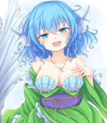 Rule 34 | 1girl, blue background, blue eyes, blue hair, breasts, cleavage, fins, frilled kimono, frills, green kimono, head fins, highres, japanese clothes, jewelry, kimono, long sleeves, looking at viewer, medium breasts, mermaid, monster girl, necklace, neko mata, open mouth, pendant, sash, shell, shell bikini, shell necklace, short hair, smile, solo, touhou, upper body, wakasagihime, wide sleeves