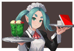 Rule 34 | 1girl, absurdres, alternate costume, apron, aqua eyes, aqua hair, bakemonogatari, black dress, book, cherry, closed mouth, cup, dessert, dress, drinking glass, enmaided, expressionless, food, fruit, glass, highres, holding, holding tray, ice, ice cream, ice cream float, ice cube, long sleeves, looking at viewer, maid, maid apron, maid headdress, medium hair, melon soda, monogatari (series), nemo ringo, ononoki yotsugi, pointy ears, puffy sleeves, red neckwear, short twintails, solo, thick eyebrows, tray, twintails, white apron
