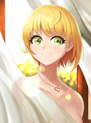 Rule 34 | 1girl, blonde hair, blush, breasts, collarbone, curtains, dalcom, green eyes, heart, heart necklace, highres, idolmaster, idolmaster cinderella girls, large breasts, lens flare, looking at viewer, miyamoto frederica, necklace, short hair, sky, smile, standing, tree, upper body, window