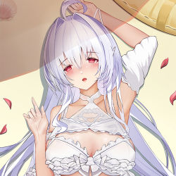 Rule 34 | 1girl, ahoge, arm up, bikini, blush, breasts, cirnos, cleavage, collarbone, dakimakura (medium), fate/grand order, fate (series), frilled bikini, frills, hair intakes, lady avalon (fate), lady avalon (second ascension) (fate), long hair, lying, merlin (fate/prototype), open mouth, red eyes, solo, swimsuit, white bikini, white hair