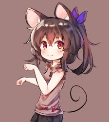 Rule 34 | 1girl, animal ears, arms up, bad id, bad twitter id, black hair, black shorts, brown shirt, clenched hands, from side, highres, kosobin, long hair, looking at viewer, mouse ears, mouse tail, original, paw pose, ponytail, red eyes, ribbon, shirt, shorts, smile, solo, tail, upper body
