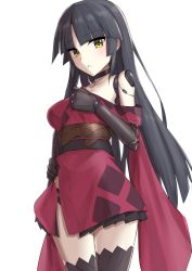 Rule 34 | 1girl, android, bare shoulders, black hair, blush, breasts, elfenlied22, fate/grand order, fate (series), highres, japanese clothes, joints, katou danzou (fate), kimono, large breasts, long hair, long sleeves, looking at viewer, mechanical arms, off shoulder, open mouth, red kimono, robot joints, sash, simple background, single mechanical arm, solo, thighs, white background, wide sleeves, yellow eyes