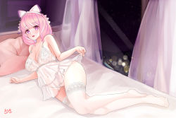 Rule 34 | 1girl, alternate costume, artistic error, bad id, bad pixiv id, bare shoulders, bed, bed sheet, blush, breasts, cleavage, creatures (company), curtains, dress, feet, frilled dress, frills, full body, game freak, hair ornament, hair ribbon, highres, klara (pokemon), large breasts, lillly, lingerie, looking at viewer, mole, mole under eye, mole under mouth, night, night sky, nintendo, on bed, open mouth, pillow, pink eyes, pink hair, pokemon, pokemon swsh, ribbon, see-through, sky, solo, star (sky), starry sky, thighhighs, underwear, white thighhighs, window, wrong foot