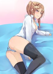 Rule 34 | 1girl, ass, bad id, bad pixiv id, blue eyes, blush, breasts, brown hair, clothes pull, dress shirt, fang, fu-ta, highres, lying, medium breasts, nipples, on side, one breast out, original, panties, shirt, shirt pull, sleeves past wrists, solo, striped clothes, striped panties, thighhighs, thighs, underwear, white shirt