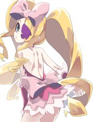 Rule 34 | 1girl, absurdres, backless dress, backless outfit, bare back, bare shoulders, blue eyes, bracer, closed mouth, cowboy shot, dress, drill hair, earrings, eyepatch, from behind, harime nui, heart, heart earrings, highres, jewelry, kill la kill, long hair, looking at viewer, looking back, one eye covered, pink dress, reiga (act000), short dress, simple background, solo, standing, twin drills, twintails, very long hair, white background