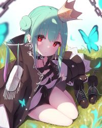 Rule 34 | 1girl, blush, bug, butterfly, chain, crown, double bun, green hair, hair bun, hair ornament, highres, hololive, insect, looking at viewer, necromancer, official alternate costume, red eyes, solo, uruha rushia, uruha rushia (3rd costume), virtual youtuber