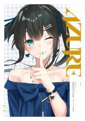 Rule 34 | 1girl, ;), animal ears, bangle, black bow, blue nails, blue ribbon, blue shirt, blush, bow, bow earrings, bracelet, closed mouth, collarbone, comitia, earrings, finger to mouth, fingernails, hair ribbon, hand up, head tilt, highres, index finger raised, jewelry, long fingernails, long hair, looking at viewer, mirea, mole, mole under eye, nail polish, necklace, off-shoulder shirt, off shoulder, one eye closed, original, patterned background, ribbon, shirt, shushing, sidelocks, smile, solo, twintails