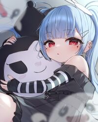 Rule 34 | 1girl, :o, bare shoulders, black bow, black footwear, blue hair, blurry, blurry background, blush, bow, commentary request, depth of field, dress, ear piercing, elbow gloves, facial mark, fingerless gloves, frilled dress, frills, gloves, hair bow, hair ornament, highres, hugging object, kuromi, looking at viewer, off-shoulder dress, off shoulder, onegai my melody, original, parted lips, piercing, rabbit hair ornament, red eyes, sanrio, solo, striped clothes, striped gloves, tsukiman, twintails