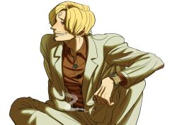 Rule 34 | 1boy, absurdres, buttons, cigarette, closed eyes, facial hair, formal, highres, holding, holding cigarette, jacket, male focus, one piece, pants, rita ya, sanji (one piece), shirt, smirk, smoke, suit, teeth