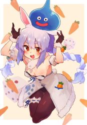 Rule 34 | 1girl, animal ear fluff, animal ears, arm cuffs, blue hair, braid, breasts, carrot, carrot hair ornament, cleavage, coat, commentary request, dice, don-chan (usada pekora), dragon quest, food-themed hair ornament, fur-trimmed gloves, fur scarf, fur trim, gloves, hair ornament, hololive, leotard, long braid, long hair, monster, multicolored hair, pantyhose, playboy bunny, rabbit ears, rabbit girl, rabbit tail, rimukoro, scarf, slime (dragon quest), thick eyebrows, twin braids, usada pekora, usada pekora (1st costume), virtual youtuber, white coat, white hair