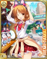 Rule 34 | 1girl, amusement park, animal ear headwear, bow, bowtie, brown eyes, brown hair, card (medium), day, fake animal ears, girlfriend (kari), looking at viewer, low twintails, official art, one eye closed, open mouth, outdoors, plaid, plaid skirt, pleated skirt, qp:flapper, red bow, red skirt, school uniform, shirt, skirt, smile, socks, solo, sweater, tagme, tamai remi, tanabata, tied sweater, twintails, white shirt, yellow sweater