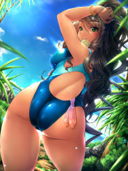 Rule 34 | 1girl, ass, backboob, beach, bracelet, breasts, competition swimsuit, condom, condom in mouth, dark-skinned female, dark skin, day, fingernails, from behind, ganguro, green eyes, grey hair, highres, ishii akira, jewelry, large breasts, lips, long fingernails, long hair, looking back, mouth hold, nail polish, object in clothes, object in swimsuit, one-piece swimsuit, original, outdoors, ponytail, sideboob, sky, smile, solo, swimsuit, thigh gap, thighs, tree, used condom