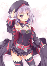Rule 34 | 1girl, armpits, aruka (alka p1), bare shoulders, belt, black thighhighs, blush, cape, commentary request, detached sleeves, fate/grand order, fate (series), hat, helena blavatsky (fate), helena blavatsky (third ascension) (fate), long sleeves, looking at viewer, open mouth, purple eyes, purple hair, salute, short hair, smile, solo, thighhighs