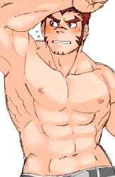 Rule 34 | 1boy, abs, akashi (live a hero), arm up, armpits, averting eyes, bad id, bad pixiv id, bara, belt, blush, facial hair, flying sweatdrops, goatee, large pectorals, live a hero, long sideburns, looking at viewer, male focus, muscular, muscular male, navel, nipples, oskn tengoku, pectorals, presenting armpit, red eyes, red hair, scar, scar on face, scar on nose, short hair, sideburns, solo, thick eyebrows, topless male, unfinished