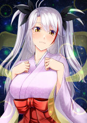 Rule 34 | 1girl, ahoge, alternate costume, alternate eye color, azur lane, black ribbon, blush, bow, breasts, closed mouth, commentary, eyebrows hidden by hair, gekato, grey hair, hair between eyes, hair ribbon, hakama, hands on own chest, highres, japanese clothes, kimono, large breasts, long hair, looking at viewer, multicolored hair, paid reward available, parted bangs, pink kimono, prinz eugen (azur lane), red bow, red hair, red hakama, ribbon, sash, sky, smile, solo, star (sky), star (symbol), starry background, starry sky, streaked hair, tanabata, two-tone hair, two side up, upper body, yellow eyes