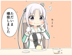 Rule 34 | 10s, 1girl, ahoge, akitsushima (kancolle), commentary, detached sleeves, food, gloves, goma (yoku yatta hou jane), hair ornament, heart, heart ahoge, jacket, kantai collection, pudding, purple eyes, simple background, solo, spoon, table, translated, white hair